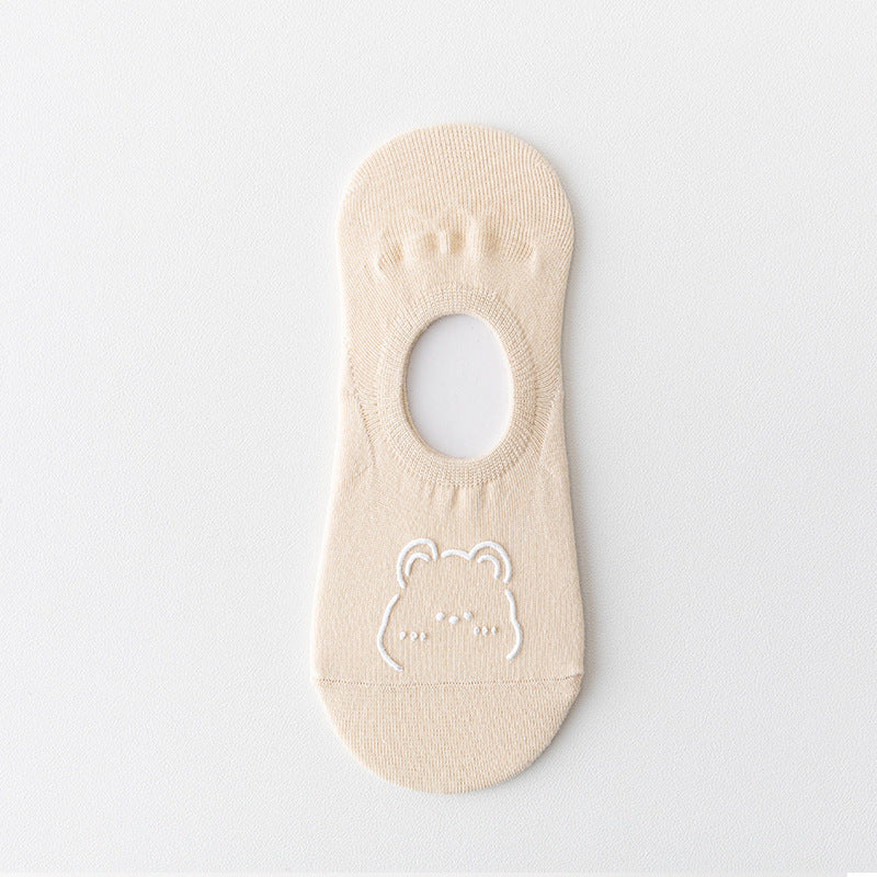 🧦 Lot de 6 paires de Chaussettes Bateau Invisibles – Coton Doux, Style Coréen & Motif Ours Mignon 🐻💕