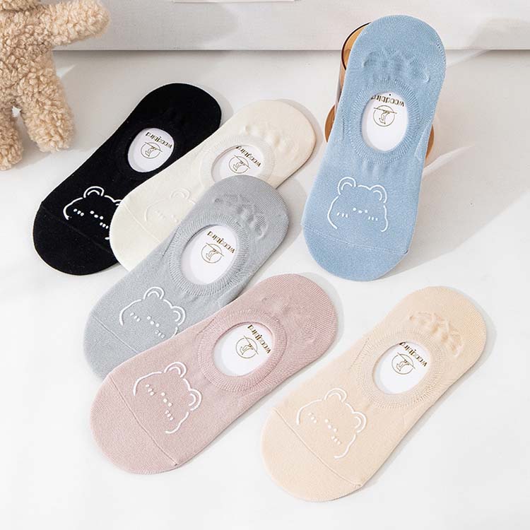🧦 Lot de 6 paires de Chaussettes Bateau Invisibles – Coton Doux, Style Coréen & Motif Ours Mignon 🐻💕