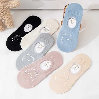 🧦 Lot de 6 paires de Chaussettes Bateau Invisibles – Coton Doux, Style Coréen & Motif Ours Mignon 🐻💕