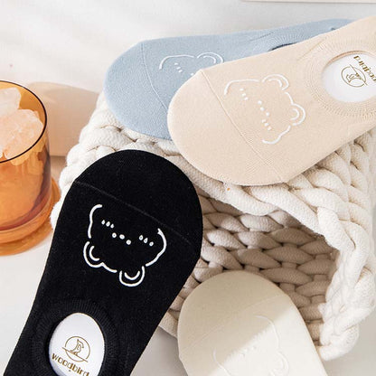 🧦 Lot de 6 paires de Chaussettes Bateau Invisibles – Coton Doux, Style Coréen & Motif Ours Mignon 🐻💕