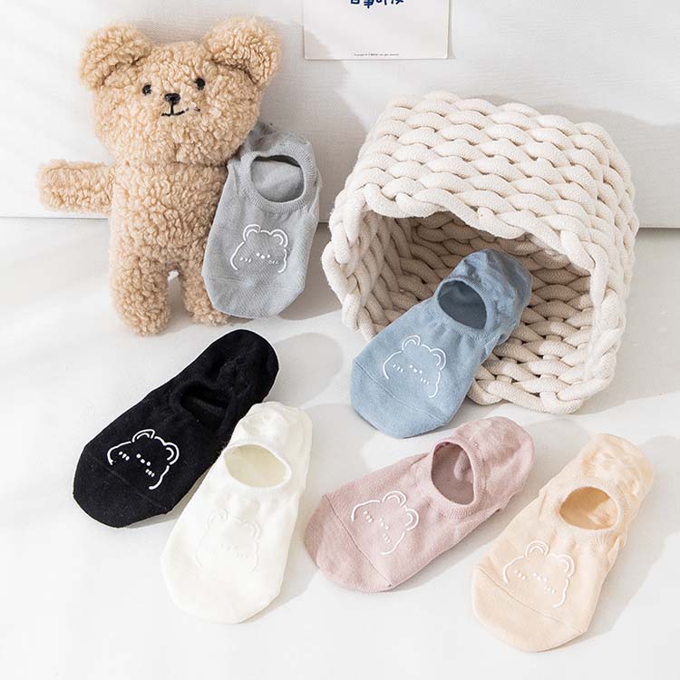 🧦 Lot de 6 paires de Chaussettes Bateau Invisibles – Coton Doux, Style Coréen & Motif Ours Mignon 🐻💕